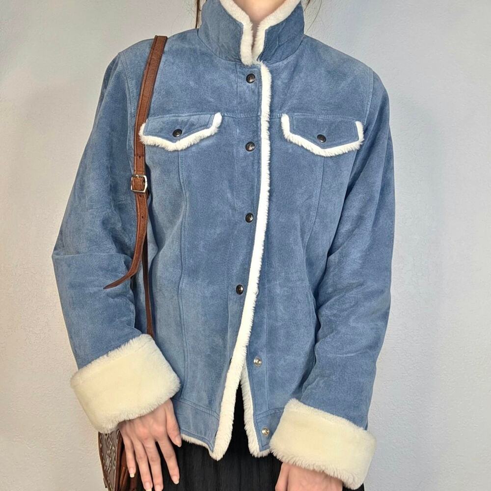 Vintage Blue Suede  Penny Lane Jacket  Faux Shearling Size Small 90s